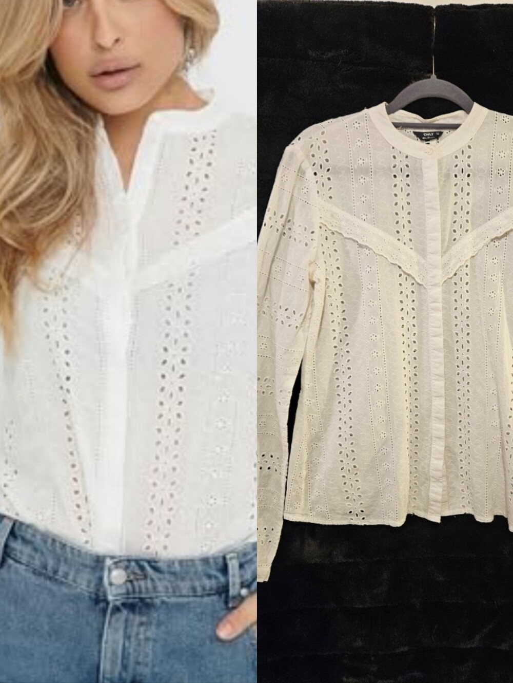Only Blouse, White Eyelet, Long Sleeve, Size EU36, Size Small, Cottagecore